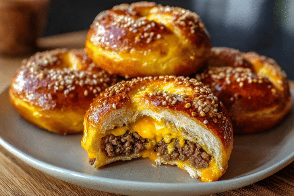 Cheesy Beef-Stuffed Pretzel Buns