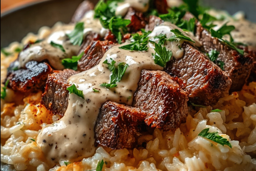 Garlic Cream Steak over Cheesy Risotto