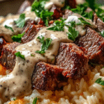 Garlic Cream Steak over Cheesy Risotto