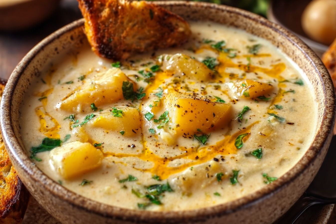 Hearty Cheddar Garlic Herb Potato Soup