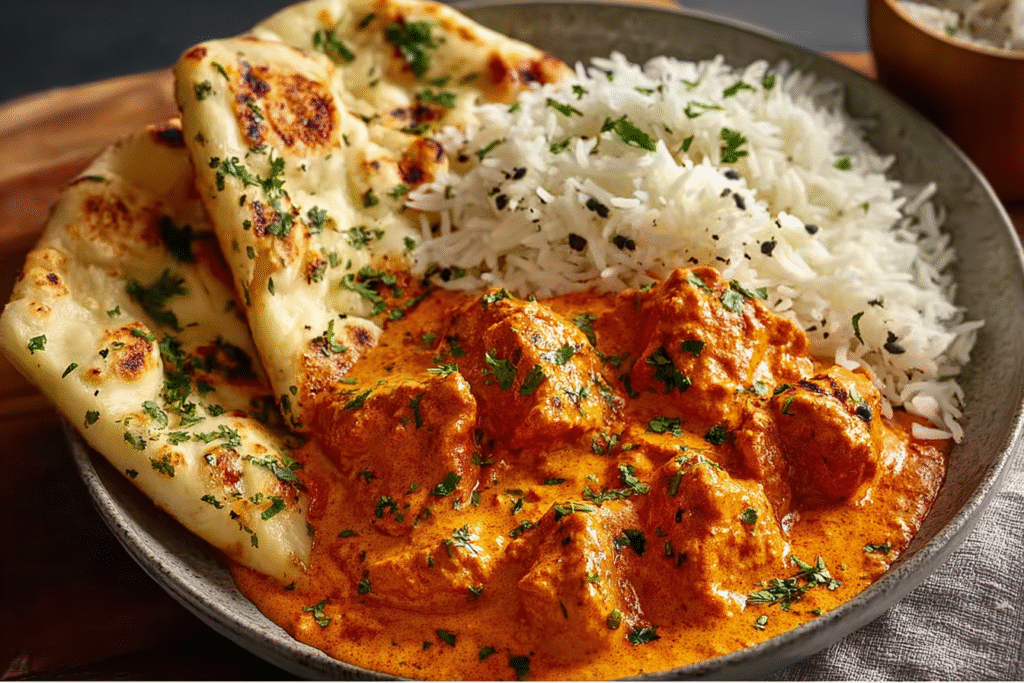 Creamy Butter Chicken with Garlic Naan & Rice