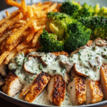 Creamy Garlic Herb Chicken with Broccoli & Parmesan Fries