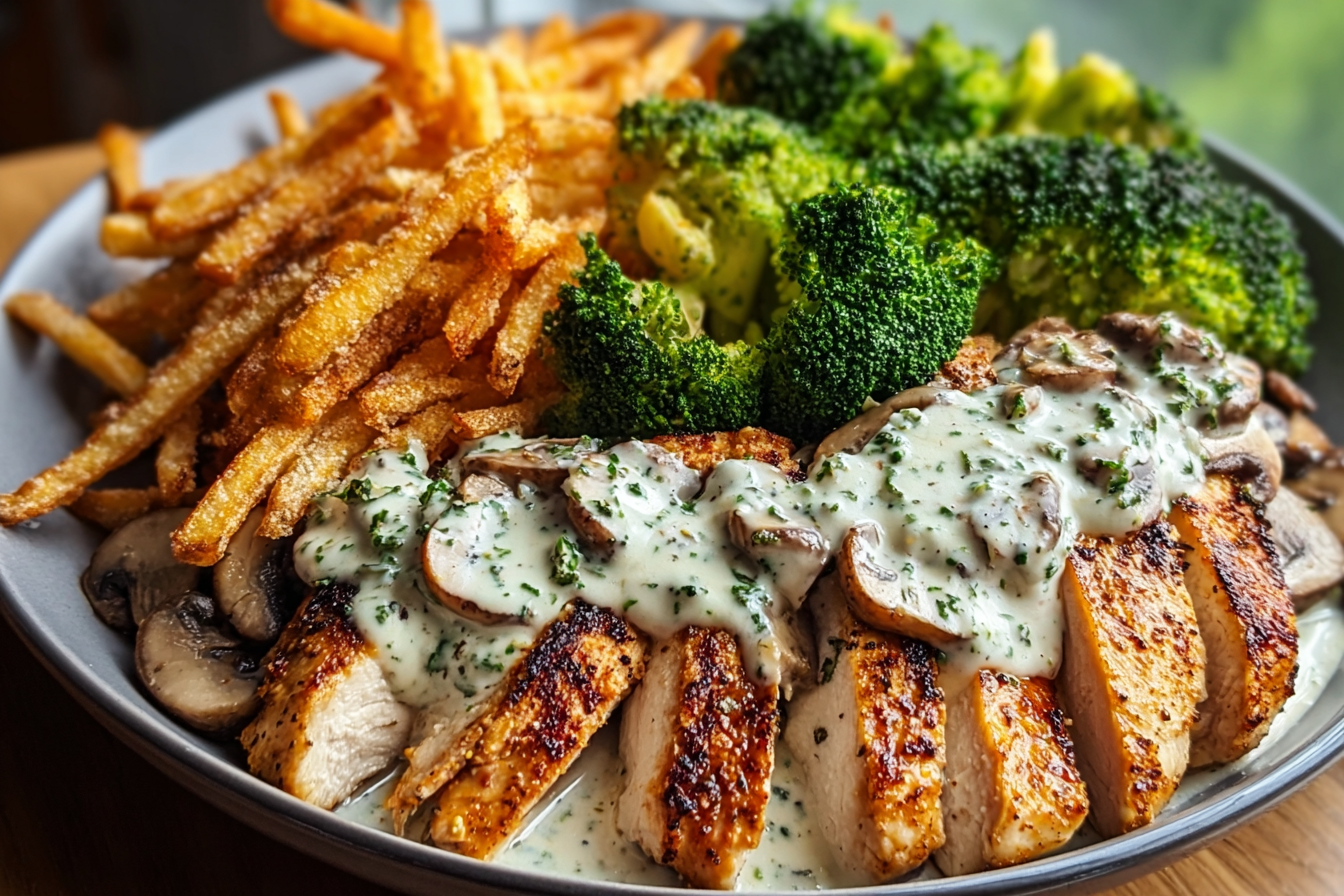 Creamy Garlic Herb Chicken with Broccoli & Parmesan Fries