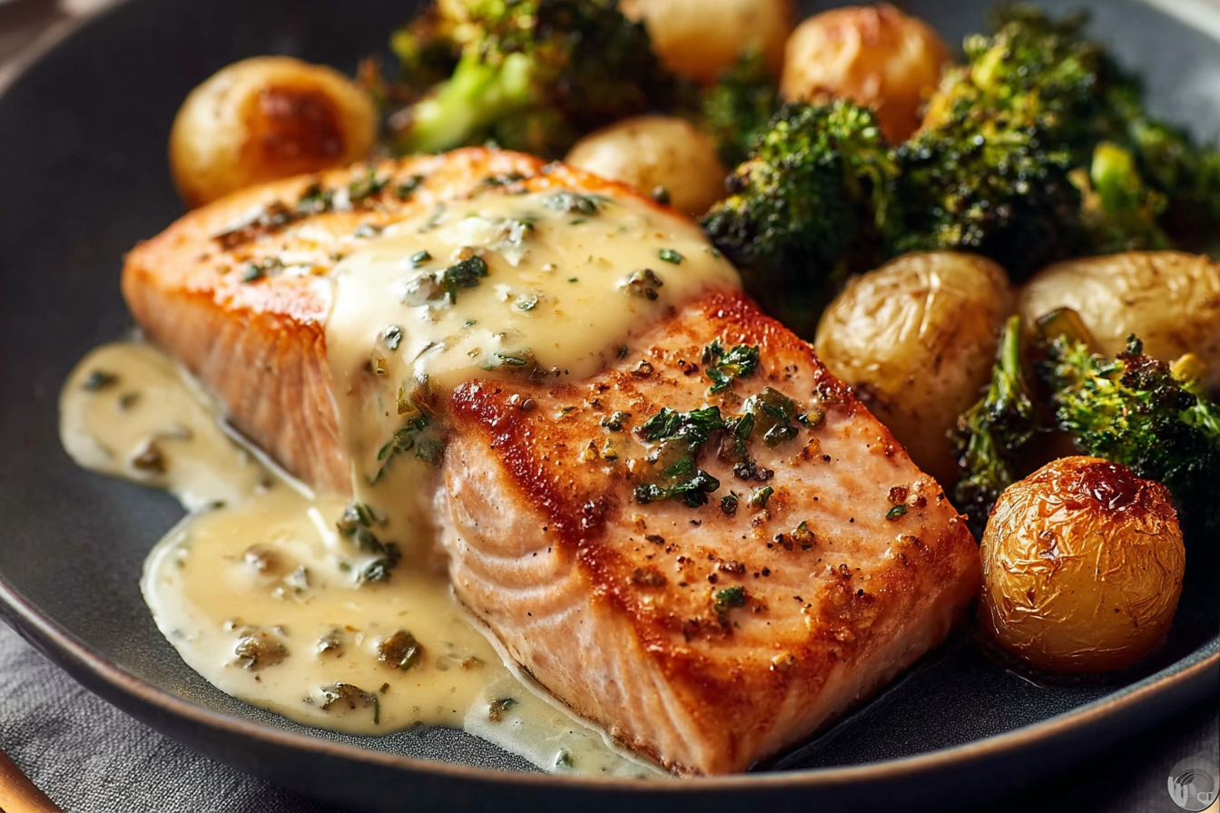 Garlic Butter Salmon with Roasted Potatoes & Broccoli