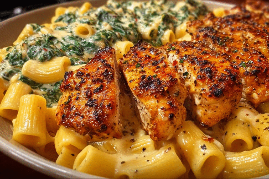 Grilled Garlic Chicken with Creamy Spinach Rigatoni