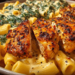 Grilled Garlic Chicken with Creamy Spinach Rigatoni