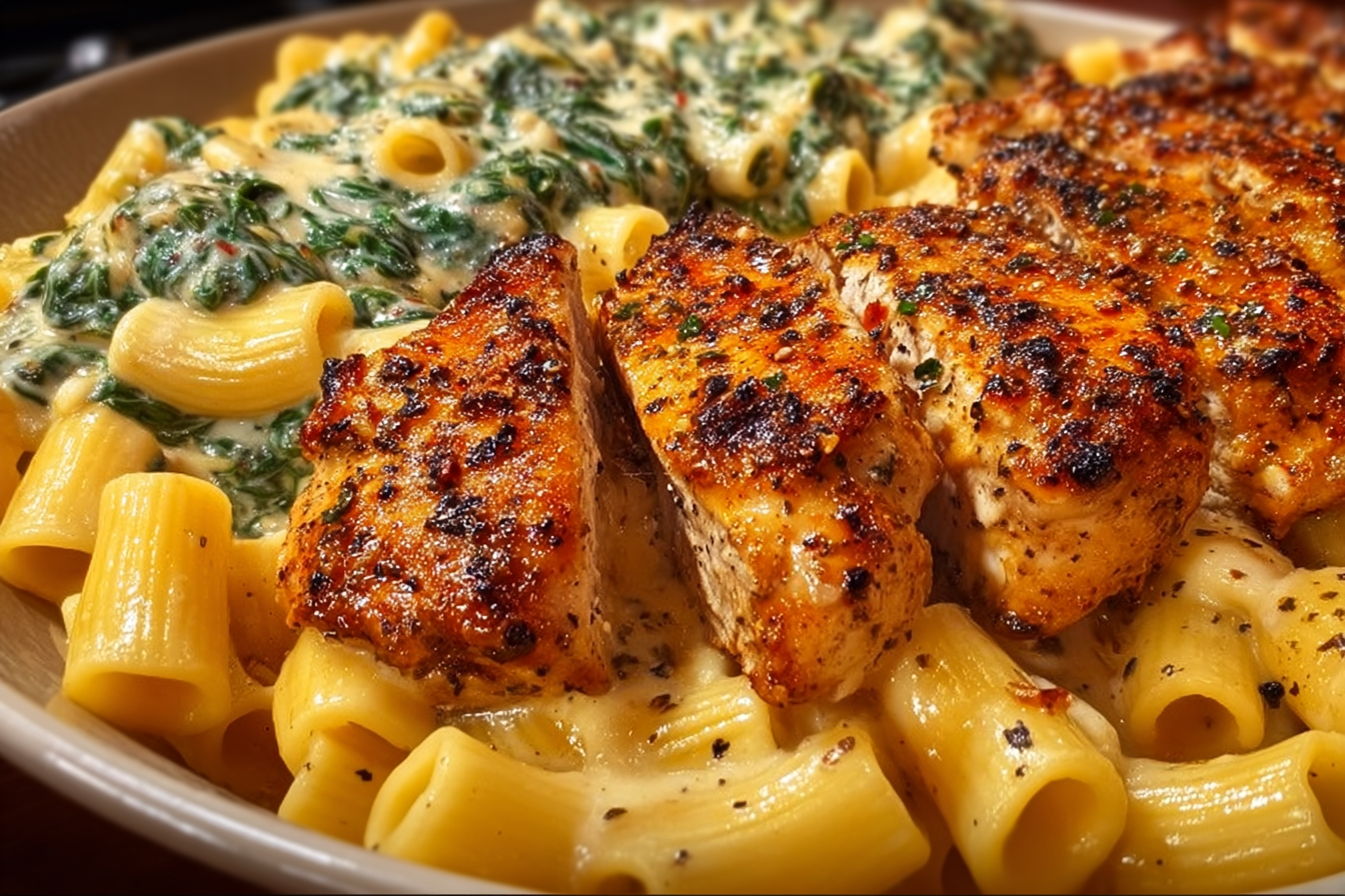 Grilled Garlic Chicken with Creamy Spinach Rigatoni
