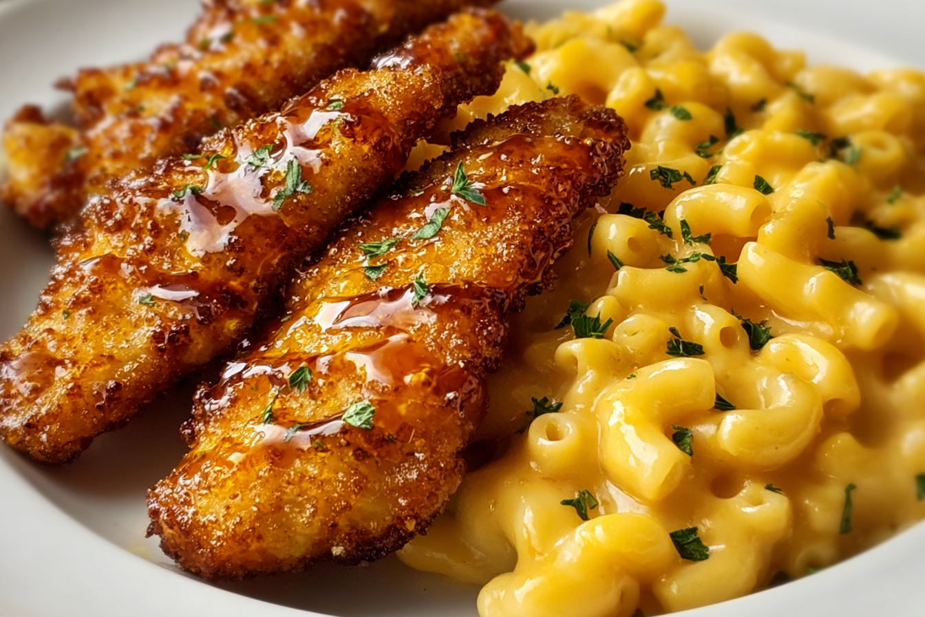 Honey Butter Chicken Tenders with Creamy Mac & Cheese