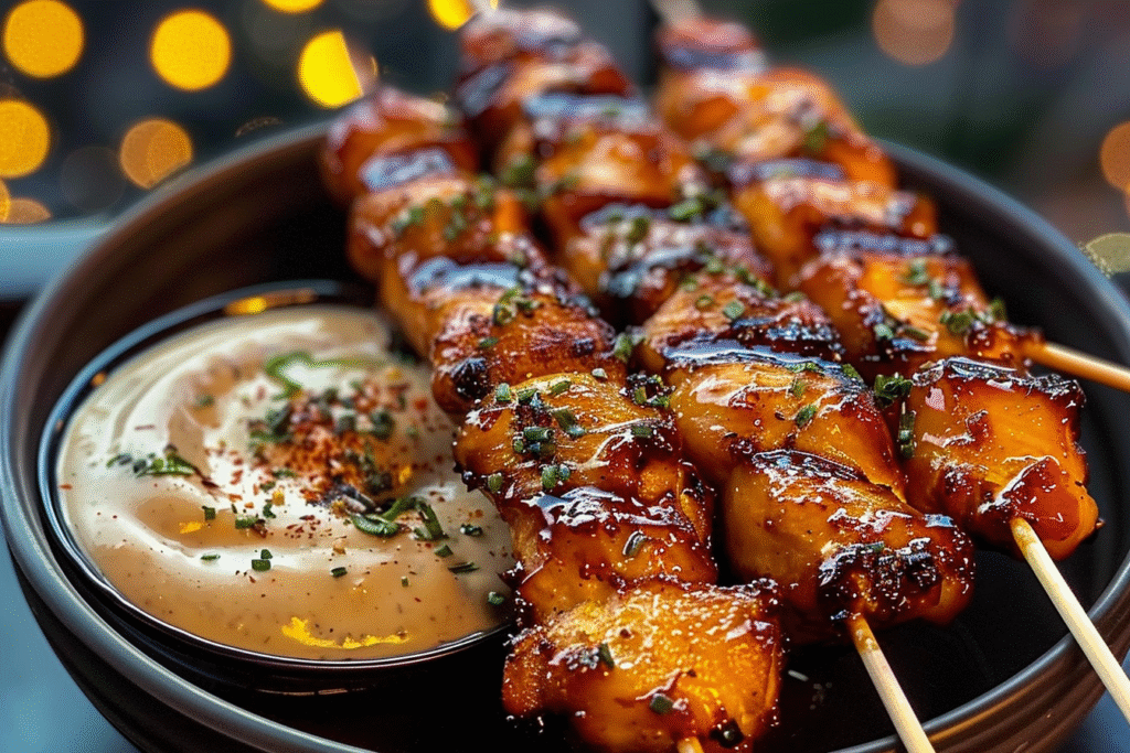 Honey Garlic Glazed Chicken Skewers with Creamy Mustard Dip