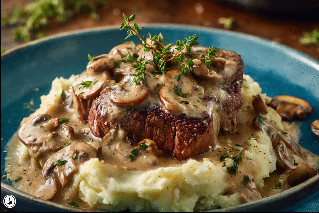 Steak with Creamy Mushroom Sauce & Mashed Potatoes