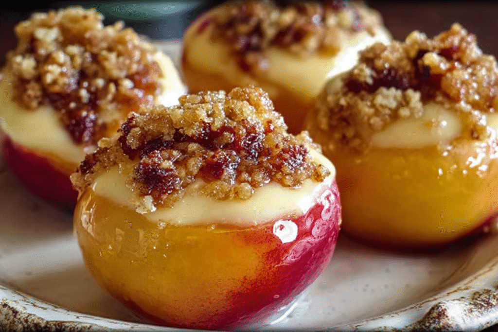 Stuffed Baked Peaches with Custard & Crumble